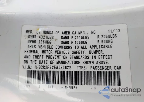 2014 Honda Accord Ex-L z USA, uszkodzony, nr VIN 1HGCR2F82EA080822
